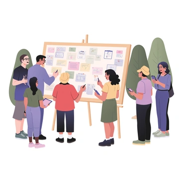 A digital flat illustration depicting an outdoor workshop setting. In the center, there is a large, white canvas stretched between two wooden easels, covered with colorful handwritten notes and diagrams representing various business strategies. Around the canvas, there are five participants actively engaged; one person wearing glasses and a blue shirt is writing on the canvas, while another, a woman with curly hair in a green dress, is pointing at the notes. A third participant, a man in a red t-shirt, is holding a clipboard, observing the canvas closely. Next to them, two people, one in a yellow hat and the other in a purple blouse, are discussing animatedly while looking at a smartphone. The background features green trees and a clear blue sky, creating a vibrant and energetic atmosphere.