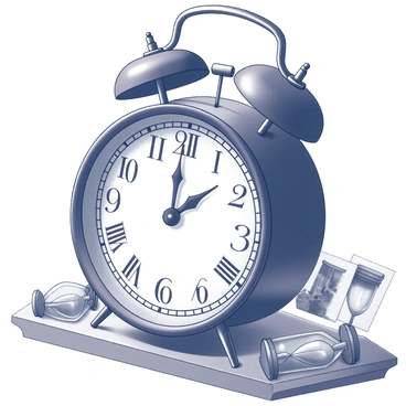 An old clock with intricate gears and ornate detailing. The clock face has a "sad" expression, with downturned eyes and a frown. The hands of the clock are stuck at a specific time, indicating a moment that has passed. The background includes elements like scattered hourglasses and faded photographs, symbolizing "lost moments" and memories. The clock is placed on a wooden table, with a soft light casting shadows that highlight its age and wear.