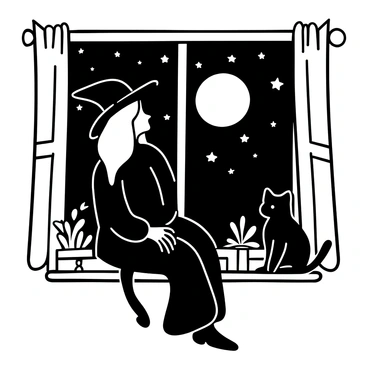 A witch with long flowing hair wearing a dark cloak sits on a windowsill. Next to her is a black cat familiar, alert and attentive. The witch is gazing at the night sky filled with stars and a large crescent moon. There are several plants and herbs on the windowsill, along with a few scattered spell books. The scene captures the stillness of the night, with the silhouette of the witch and cat contrasting against the window.