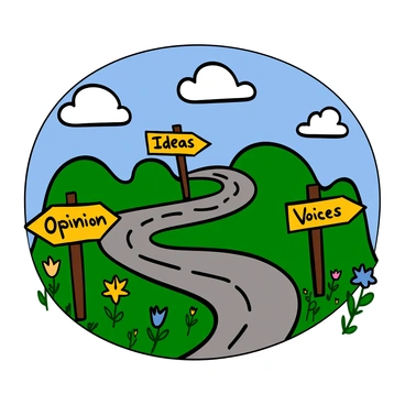 A winding road with signposts pointing to 'Ideas', 'Opinions', and 'Voices', symbolizing freedom of speech