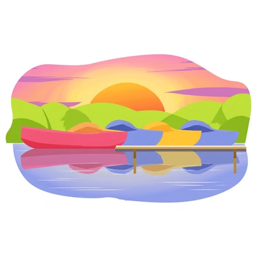 A row of colorful boats gently bobbing in a harbor. Each boat is painted in bright hues of red, blue, and yellow. The boats are anchored near a wooden dock. In the background, a vibrant sunrise fills the sky with shades of orange, pink, and purple. The sunlight casts a warm glow over the scene, creating reflections of the boats and the colorful sky on the calm water below. The harbor is surrounded by green hills, enhancing the natural beauty of the setting.