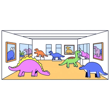 An art gallery with white walls displaying various dinosaur-inspired paintings. The paintings feature colorful depictions of different dinosaurs in various poses. Several sculptures of dinosaurs are positioned on pedestals within the gallery. Each sculpture is intricately designed, showcasing details like scales and textures. The floor is made of polished wood, and natural light filters in through large windows, illuminating the artwork.