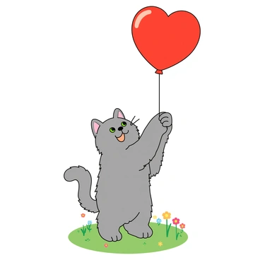 A fluffy grey cat with bright green eyes is standing on its hind legs, reaching up with its front paw. The cat is playfully pawing at a large, shiny red heart-shaped balloon that is floating gently in the air just above its head. The balloon has a thin string attached to it that lightly sways with the movement of the balloon. The background features a grassy area with a few colorful flowers dotting the landscape, adding to the playful scene. The cat's tail is lifted high in excitement.