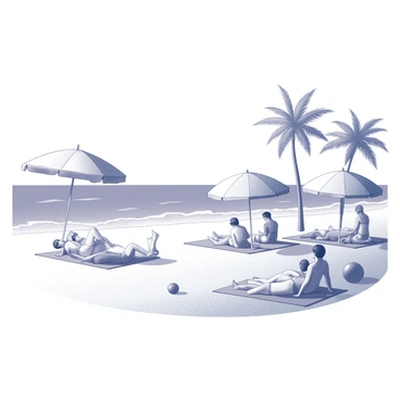 A beach scene with a vast expanse of sand. Several people are lying on beach towels, sunbathing. Some of them are wearing swimsuits and sunglasses. Various umbrellas are opened above them, providing shade. The umbrellas feature distinct patterns and designs. The ocean is visible in the background, with gentle waves lapping at the shore. Palm trees can be seen swaying slightly in the breeze, framing the scene. A beach ball is rolling on the sand, while a couple of children are playing nearby.