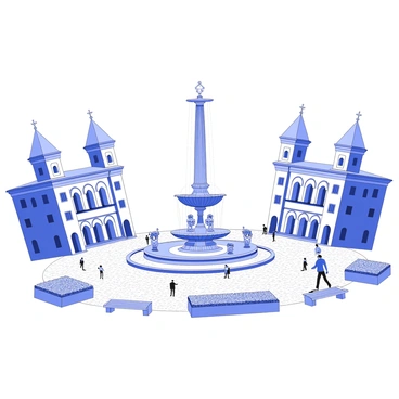 A city square is bustling with activity, framed by historical buildings with intricate architectural details. In the center stands a large, ornate fountain, adorned with sculptures and decorative elements. Water is spiraling upwards from the fountain's multiple tiers, creating an impressive vertical display. Surrounding the fountain, there are benches and flowerbeds, with people strolling and enjoying the vibrant atmosphere of the square. The ground is made of cobblestones, adding texture to the scene.