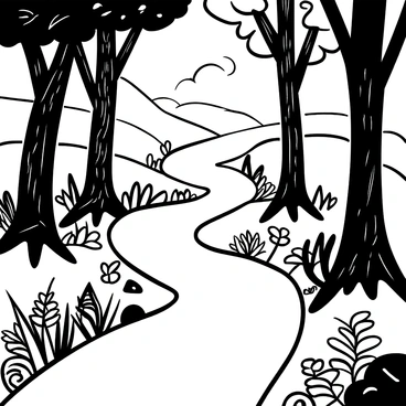 A winding path through a dense forest, lined with ferns and wildflowers