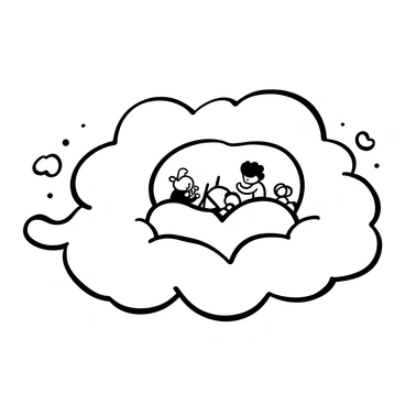 A large, fluffy cloud in the shape of a bubble floats in the sky. Inside the cloud, there are tiny creatures resembling whimsical characters, each engaged in various activities. Some are building small structures with sticks, while others are playing with colorful orbs. The cloud has a soft, rounded outline and appears slightly transparent, allowing glimpses of the tiny creatures within. Small wisps of vapor drift away from the edges, adding to the playful atmosphere.