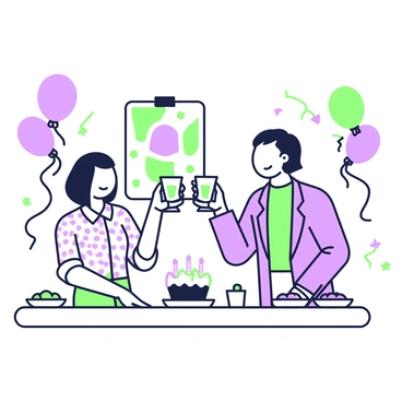 An illustrator and a client are standing together in a cozy room, smiling and raising glasses in a toast to celebrate the completion of a project. The illustrator has shoulder-length hair and is wearing a patterned shirt with rolled-up sleeves. The client, with short hair and a blazer, stands beside the illustrator, both exuding a sense of joy. On a table in front of them, there is a small cake decorated with colorful frosting and a few candles. Around the table, there are plates with snacks and drinks, along with colorful balloons hanging from the ceiling, enhancing the festive atmosphere. In the background, a completed illustration is pinned to the wall, showcasing the artwork they collaborated on.