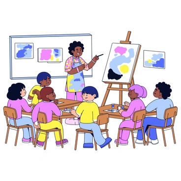 An art teacher standing at the front of a classroom, holding a paintbrush in one hand and a palette in the other. The teacher is wearing a colorful apron splattered with paint. In front of a large easel, a watercolor painting is partially completed, showcasing vibrant hues. The classroom is filled with students sitting at wooden tables, each with their own set of watercolor supplies. Some students are leaning in closer, watching intently, while others have their sketchbooks open, taking notes. A few paintings are displayed on the walls, adding to the creative atmosphere. The teacher is smiling, engaged in explaining the techniques.