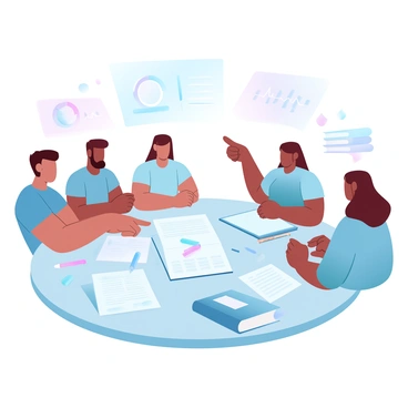 A group of five students is gathered around a large table, working together on a project. They are focused on a shared grade sheet laid out in front of them. One student is pointing at the sheet with a pen, while another is taking notes on a separate notebook. A laptop is open next to them displaying a presentation. Papers, colored markers, and a stack of books are scattered across the table. The students are dressed in casual clothing, each showing their individual styles. Several charts and diagrams can be seen in the background, representing their research on the project.