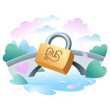 A love lock attached to a bridge is glistening in the sunlight, reflecting shades of gold and silver. The lock features intricate engravings, including the couple's initials. In the background, the bridge arches gracefully over a flowing river, with lush greenery lining the banks. A large heart shape is painted on the bridge near the lock, symbolizing eternal love. Surrounding the scene, the sky is filled with soft gradient pastel colors, transitioning from light pink to pale blue.