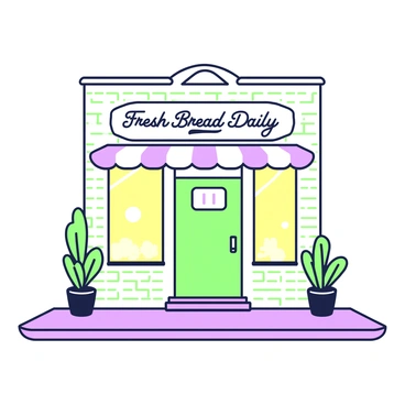 The exterior of a bakery is depicted at dawn, with the soft glow of warm light spilling from the windows. The building has a charming facade featuring light-colored bricks and a wooden door. A sign hangs above the entrance, displaying the words "Fresh Bread Daily" in an appealing font. Flanking the door, there are two potted plants with green leaves. The pavement in front of the bakery is slightly damp, reflecting the early morning light. The sky is transitioning from dark to light, hinting at the arrival of a new day.