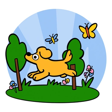 A playful puppy with fluffy golden fur and big eyes is running through a sunny park. The puppy is joyfully leaping after colorful butterflies that flutter around it. The background features green grass, vibrant flowers, and tall trees under a clear blue sky. Soft rays of sunlight shine down, creating a cheerful atmosphere.