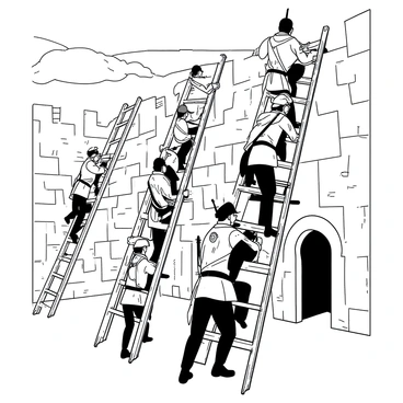 A group of soldiers in uniforms is climbing tall ladders that are leaned against the rough stone walls of a castle. The soldiers are focused and determined, with their weapons secured at their sides. Some soldiers are already halfway up the ladders, while others are just starting their ascent. The castle walls are aged and weathered, showcasing signs of battle. In the background, the sky is brightening, indicating the start of a new day. The scene conveys a sense of urgency and bravery as the soldiers work together in their mission.