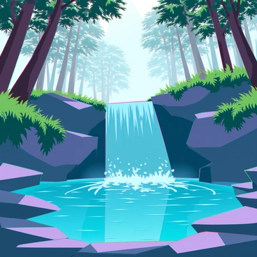 A small waterfall with clear, sparkling water cascading down smooth rocks into a tranquil pool below. The pool has a shimmering surface that reflects the surrounding greenery. Lush ferns and moss-covered stones frame the edges of the pool, while tall, dense trees provide a natural canopy overhead. Sunlight filters through the leaves, creating dappled light patterns on the forest floor. The air is filled with moisture, and tiny droplets from the waterfall catch the light, adding a sense of enchantment to the scene.