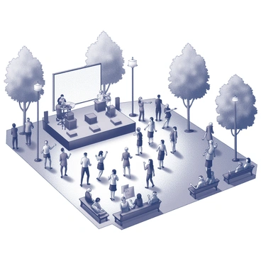 A city square filled with people attending a live outdoor concert. The crowd is gathered around a raised stage where musicians are performing. The stage is adorned with musical instruments, amplifiers, and speakers. People of various ages are dancing and enjoying the music. Some individuals are holding signs or waving their arms in rhythm. Surrounding the square, there are trees providing shade and benches where people are sitting and watching the performance. Streetlights around the square cast illumination on the scene, enhancing the lively atmosphere.
