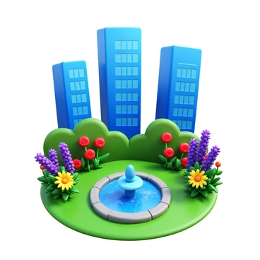 A small garden with vibrant flowers and lush green plants situated between tall city skyscrapers. The garden features a variety of colorful blooms, including red roses, yellow daisies, and purple lavender. In the middle of the garden, there is a small fountain with sparkling water, surrounded by neatly arranged stones. The towering skyscrapers loom in the background, reflecting sunlight off their glass exteriors. The scene captures the contrast between the natural beauty of the garden and the urban environment surrounding it.