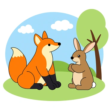 A cartoon-like illustration featuring a clever orange fox with a bushy tail and big ears, sitting comfortably on a patch of green grass. The fox has a thoughtful expression, with one paw raised as if making a point. Next to the fox, there is a small brown hare with long ears and big, curious eyes, sitting upright with its paws in its lap. The hare looks attentive, nodding in agreement. In the background, there are gently swaying trees with bright green leaves and a clear blue sky. A few fluffy white clouds drift lazily overhead, adding to the peaceful ambiance of the scene. The setting conveys a sense of calm, making the dialogue's theme of morals resonate well.