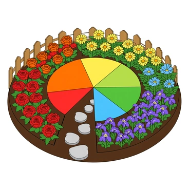 A garden layout designed in the shape of a color wheel. The garden is divided into sectors, each filled with flowers blooming in vibrant rainbow hues. In the outer ring, deep red roses are placed next to bright orange marigolds, leading to sunny yellow daisies. The next segment features lush green plants with small blue flowers, transitioning into rich purple irises. The soil is dark and well-tilled, and a wooden fence surrounds the garden, adding charm. A small stone path winds through the layout, providing access to each colorful section.