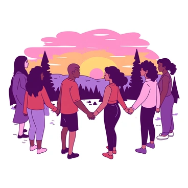 A group of diverse individuals is standing in a circle, each person holding hands with their neighbors. The group represents various backgrounds, showcasing a range of skin tones, hairstyles, and clothing styles that reflect their unique cultures. In the background, a vibrant sunset casts hues across the sky, transitioning from deep orange to soft pink, illuminating the scene. Silhouettes of trees are visible at the edges of the circle, enhancing the connection between the people and nature. The atmosphere conveys unity and harmony among the group, framed by the stunning backdrop of the sunset.