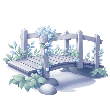 A small wooden bridge that spans a gentle stream. The bridge has a rustic design, with planks made of rough-hewn timber. Tall posts support the railing, which is also made of wood. Climbing blue flowers envelop the sides of the bridge, cascading down the posts and intertwining with the wooden beams. The flowers are abundant, creating a lush appearance as they bloom in clusters. The scene is framed by greenery, with leaves of various shapes surrounding the bridge, adding to the natural ambiance.