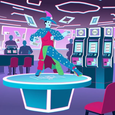 A joker with a colorful outfit featuring bold patterns, oversized shoes, and a jester hat is performing tricks in a futuristic casino. The casino interior is illuminated by vibrant neon lights and features holographic cards floating above a sleek, high-tech gaming table. The joker is skillfully juggling these holographic cards, which shimmer with digital effects. Surrounding the joker are futuristic slot machines with glowing screens and excited patrons watching the performance. The atmosphere is lively, filled with a mix of laughter and amazement as the joker entertains the crowd.