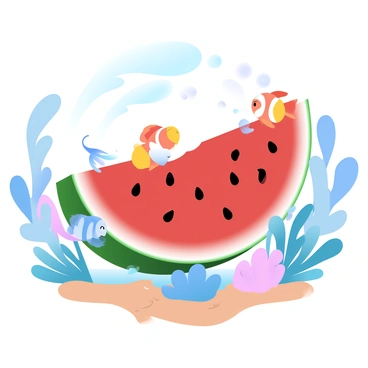 An underwater scene features a large watermelon slice floating amidst vibrant coral reefs. Colorful fish are swimming closely around the watermelon, nibbling at the juicy red flesh. Various species of fish, including clownfish and angelfish, are depicted in bright hues of orange, yellow, and blue. Sunlight filters through the water, creating a beautiful play of light and gentle waves on the sandy ocean floor. Seaweed sways rhythmically in the current, adding to the lively underwater environment.
