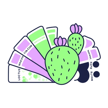 An arrangement of color swatches inspired by various cacti and their flowers. The palette features different shades of green representing the cactus, organized in a fan-like shape. Interspersed among the green swatches are vibrant representations of cactus flowers, showcasing purple and other complementary shades. Each swatch is labeled with its corresponding name, and the colors are placed on a white background for contrast. The overall composition is neat and visually appealing, inviting exploration of the hues.