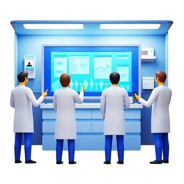 A group of doctors in white lab coats are gathered around a digital GenAI interface. The interface displays complex medical data, including graphs, charts, and patient information. The hospital room has bright overhead lights and medical equipment in the background. One doctor is pointing at the interface, while another is taking notes on a digital tablet. The atmosphere suggests a collaborative environment focused on advanced medical analysis.