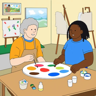 A teacher with light skin and short curly hair is standing beside a student, who has dark skin and braids. The teacher is demonstrating how to mix colors on a large, round artist's palette, which is filled with various bright paint blobs. The student is focused, holding a paintbrush and looking at the palette intently. The classroom is decorated with colorful artwork hanging on the walls, and there are easels with canvases set up for painting. A table nearby is cluttered with paint tubes and brushes of different sizes. The teacher is wearing an apron with paint splatters, and the student is dressed in a blue t-shirt.