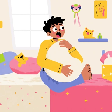 A child sitting on a bed with their mouth open in a silent scream, clutching a pillow