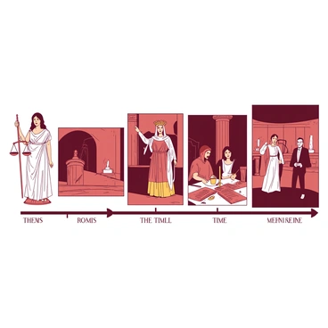 An illustrated timeline displays "Themis" at various points in history, showcasing her transformation within different cultures. At the far left, an ancient Greek setting features "Themis" as a figure draped in a white robe, holding scales in one hand and a sword in the other. Moving to a Roman period, she appears in a classical toga, with a laurel wreath adorning her head, symbolizing justice. In the medieval section, "Themis" is represented in a dimly lit courtroom, wearing a hooded cloak and surrounded by scrolls and quills. Progressing into the Renaissance, she is depicted with a vibrant, ornate gown, standing amid scholars and artists, with a backdrop of a grand hall. The modern representation showcases "Themis" as a contemporary figure, dressed in a business suit and engaged in a discussion within a modern courtroom, reflecting her ongoing relevance in today's society.