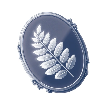 A vintage cameo brooch prominently displayed. The brooch features an intricately carved fern motif, showcasing detailed textures and curves of the leaves. The fern is centered within an oval frame, emphasizing its elegant design. The background of the brooch is black, creating a stark contrast that highlights the intricacies of the fern carving. The edges of the brooch are adorned with delicate ornamental details, enhancing its vintage appeal.