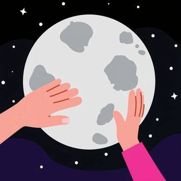 A human hand with well-defined fingers gently carving intricate patterns into the surface of a gray moon. The moon features craters and textured spots, reflecting light with a soft glow. The background is filled with a deep black sky dotted with bright stars, adding contrast to the illuminated moon. The hand appears almost ethereal, highlighting the delicate motion of crafting and shaping the lunar surface.