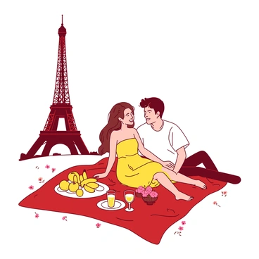 A red blanket is spread out on the grass near the Eiffel Tower. On the blanket, there is an assortment of yellow fruits, including bananas and apples, as well as two glasses filled with yellow juice. A couple is sitting on the blanket; the woman has long brown hair and is wearing a yellow sundress, while the man has short black hair and is wearing a white shirt. They are both smiling at each other, surrounded by a few pink flowers. The Eiffel Tower looms gracefully in the background, slightly blurred, creating a romantic atmosphere.