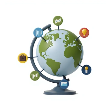 A 3D render of a globe with detailed geographical features, including continents and oceans. Various business icons, such as a briefcase, a bar graph, and a light bulb, are positioned around the globe. These icons are connected by lines indicating connections between different continents. The globe spins slowly, showcasing each continent's details, while the icons are designed in vibrant colors for visual impact.