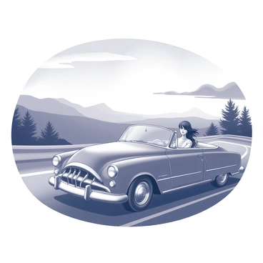 A classic car driving along a scenic route at sunset, with the wind in the driver’s hair.