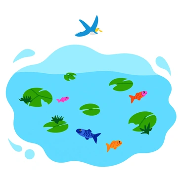 A tranquil lake scene with clear, calm water reflecting the sky above. At the surface, clusters of vibrant green algae float. Beneath the water, colorful fish swim among the aquatic plants, showcasing various patterns and sizes. Nearby, a few frogs rest on lily pads, their smooth skin glistening in the sunlight. Above, a couple of birds soar gracefully, their wings outstretched as they scan the lake for food. The scene is filled with life, capturing the connections within the food web.