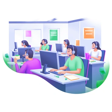 A modern pastel illustration of a bustling call center. Rows of employees are seated at their desks, each wearing headsets and focused on their computer screens. Each desk is equipped with a phone, a notepad, and a coffee cup. The employees display a variety of expressions as they engage in conversations, some smiling and others concentrating. In the background, there are light-colored walls adorned with motivational posters. Soft overhead lights illuminate the space, creating a vibrant and active atmosphere.