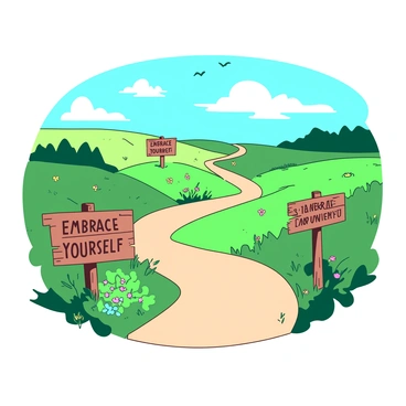 A winding path extends through a vibrant landscape filled with lush green grass and colorful flowers. Along the path, there are several signs made of wood, each sign displaying different milestones of self-acceptance. One sign reads "Embrace Yourself" and another reads "Celebrate Your Journey." The path winds gently through rolling hills, with a bright blue sky above and soft white clouds scattered throughout. Birds can be seen flying above, adding to the serene atmosphere of the scene.