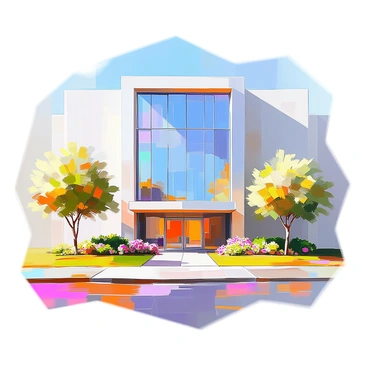 A modern corporate office building featuring a sleek facade made entirely of reflective glass windows. The building stands tall with clean lines and a contemporary design. In front of the structure, there is a beautifully landscaped area that includes vibrant green grass, neatly trimmed bushes, and flowering plants. A few trees are scattered throughout the landscaping, providing shade and enhancing the overall aesthetics of the front entrance. The pathway leading to the entrance is made of concrete, lined with subtle lighting that adds elegance to the exterior.