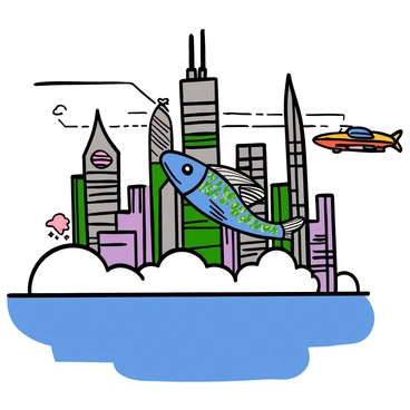 A flying fish with shimmering scales in shades of blue and green gliding through the air above a futuristic cityscape. The city features tall, sleek buildings with neon lights and glass surfaces reflecting the sky. Below, a vast, deep blue ocean meets the clouds, creating a seamless blend of sea and sky. The fish has delicate fins spread wide as it navigates through the vibrant city. In the background, flying vehicles zoom past, adding to the dynamic atmosphere of this advanced metropolis.