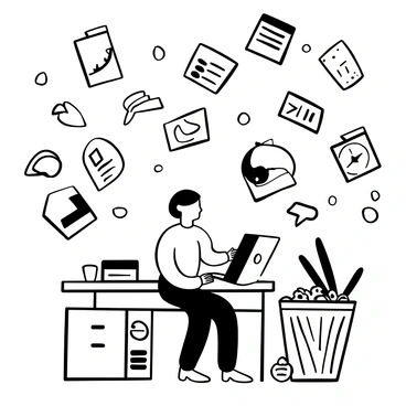 A tiny office worker surrounded by a whirlwind of floating sheets of paper. The papers display various charts, graphs, and text, creating a chaotic scene. The office worker is seated at a cluttered desk, with a computer, a coffee mug, and a stack of files. An overflowing trash bin is visible nearby, filled with crumpled paper. The office environment includes a small window revealing a hint of a winter landscape outside.