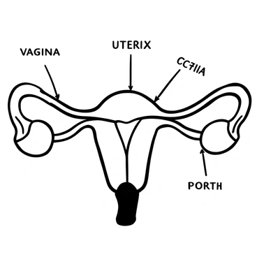 A labeled diagram depicting the cervix in relation to other reproductive organs. The cervix is centrally positioned, with clear labels indicating its connection to the uterus above it and the vagina below it. To the sides, there are detailed representations of the ovaries and fallopian tubes. Each organ is clearly outlined and labeled with precise lines leading to the respective names. The background is plain to emphasize the anatomical details of the reproductive system.