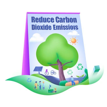 A colorful poster featuring the phrase "Reduce Carbon Dioxide Emissions" in large, bold letters at the top. Below the text, there is an illustration of a green tree with a thick trunk and vibrant leaves. Surrounding the tree are various symbols representing eco-friendly actions, including a bicycle, a solar panel, and a recycling symbol. The background is a light blue sky with fluffy white clouds, and there are rays of sunshine illuminating the scene. At the bottom of the poster, there are smaller, engaging graphics of people engaging in sustainable practices, such as planting a garden and using public transportation.