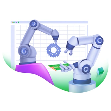 Two robotic arms are depicted, each frozen in place. One arm is metallic gray and is holding a complex gear, while the other arm, painted in a sleek silver, is gripping a small circuit board. The two pieces of machinery are positioned so that each arm is reaching towards the other. The background features a subtle grid pattern to emphasize a technological environment. Each arm's joints and servos are highly detailed, showcasing their mechanical design.