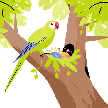 A colorful parrot with bright green feathers and a vivid red beak is perched on a sturdy branch. The parrot is busy tending to its nest, which is tucked into a hollow in the tree trunk. Surrounding the parrot are vibrant green leaves and various shades of brown bark, creating a lush rainforest canopy. Sunlight filters through the foliage, casting dappled light on the scene. Small, colorful flowers and vines add extra detail around the nest, while hints of other tropical birds can be seen flitting in the background.