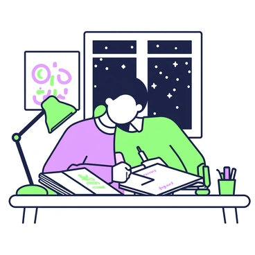 A person is sitting at a wooden desk, focused on drawing on a sheet of paper. The individual has short hair and is wearing a cozy sweater. A green desk lamp is casting light over the drawing, illuminating the workspace. Various art supplies, including colored pencils and erasers, are scattered around the desk. In the background, a window reveals a dark sky dotted with stars, hinting at the late-night hour. An open sketchbook lies beside the drawing, displaying unfinished sketches.