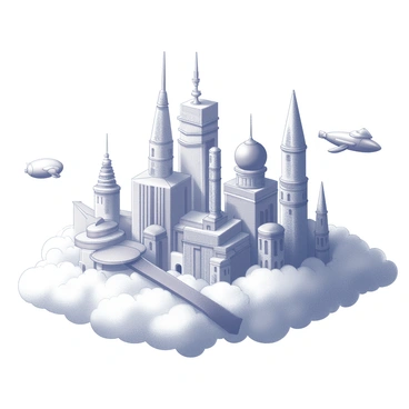 A city built on clouds with unique architectural designs. The buildings have various shapes, including spirals, domes, and angular structures, each with intricate details and textures. Elevated walkways connect the buildings, allowing for movement through the city. Flying transportation, such as airships and gliders, moves between the structures, creating a dynamic scene in mid-air. The clouds provide a soft, fluffy backdrop against the city, enhancing the ethereal quality of the environment.