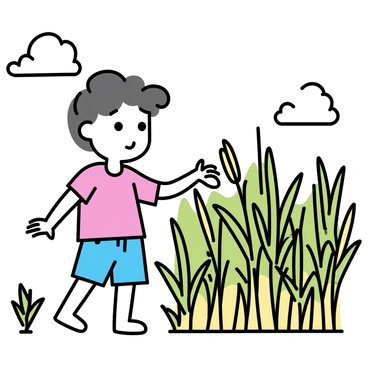 A young child, wearing a bright red t-shirt and denim shorts, is standing in the middle of a lush green rice field. The child has curly hair and wide eyes, looking curiously at the tall rice plants swaying gently in the breeze. Sunlight casts a warm glow on the scene as the child reaches out to touch the delicate rice stalks, showcasing small hands covered in dirt from playing in the field. The sky above is clear with a few fluffy clouds, enhancing the vibrant colors of the plants around.
